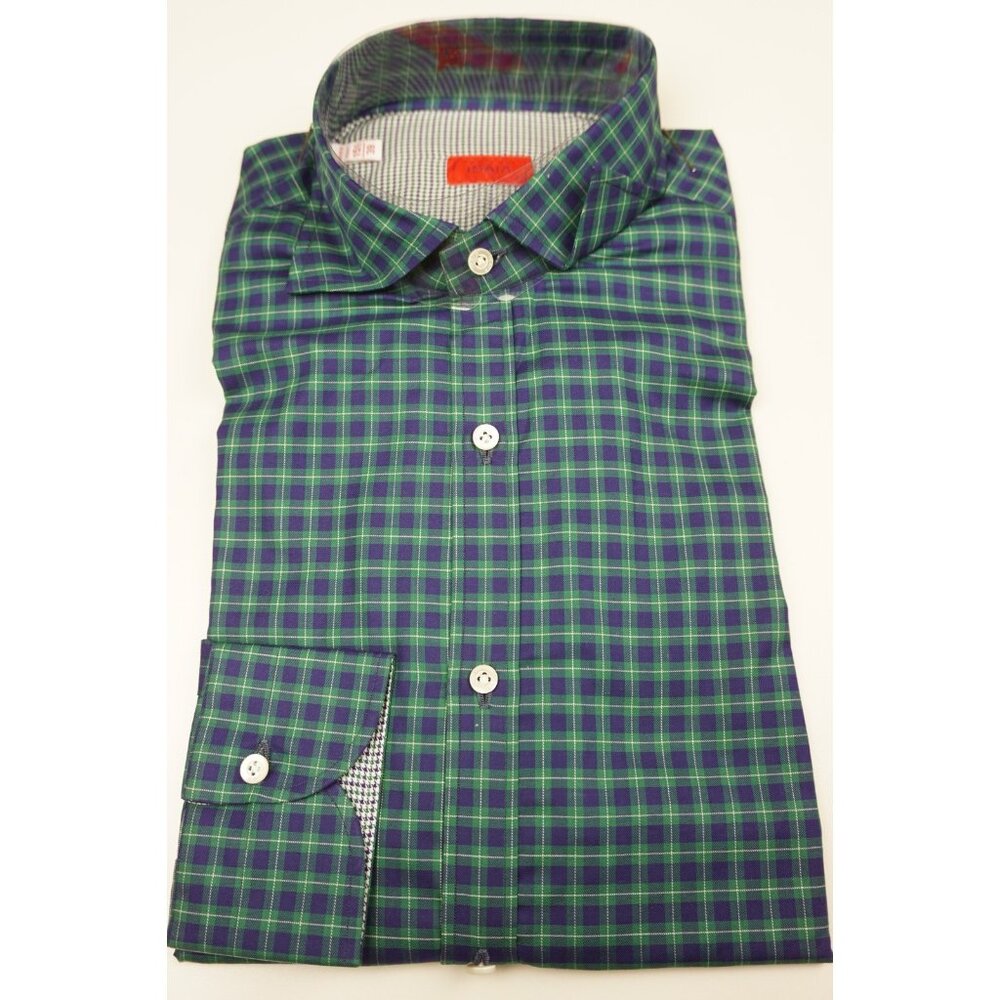 Isaia Emerald Violet Plaid Long Sleeve Cotton Dress Shirt 15.5/39 NEW